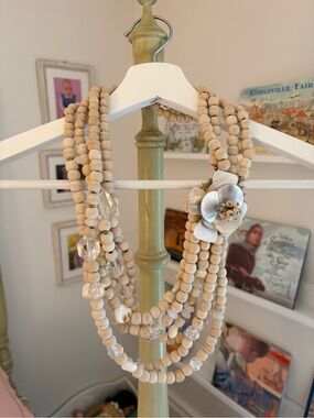 Multi-Strand Beaded Necklace with Floral Accent - Neutral Cream